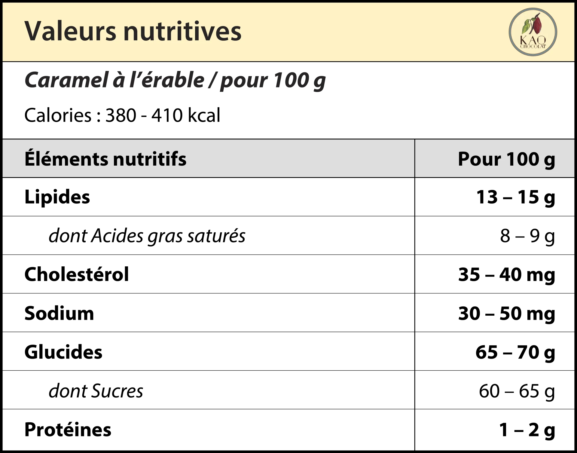 valeurs nutritives caramel erable kao chocolat